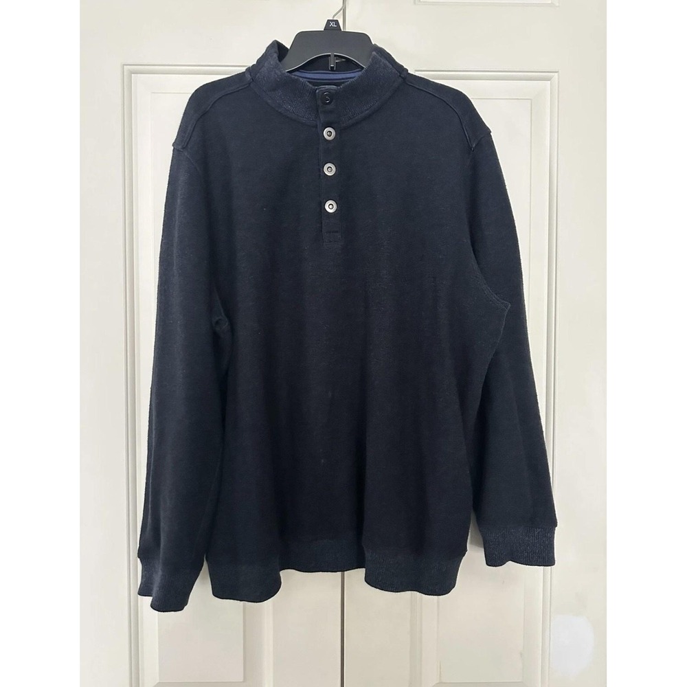 Hathaway Sweater Mens 2XL Blue Mock‎ Neck Snap Placket Pullover Henley Knit